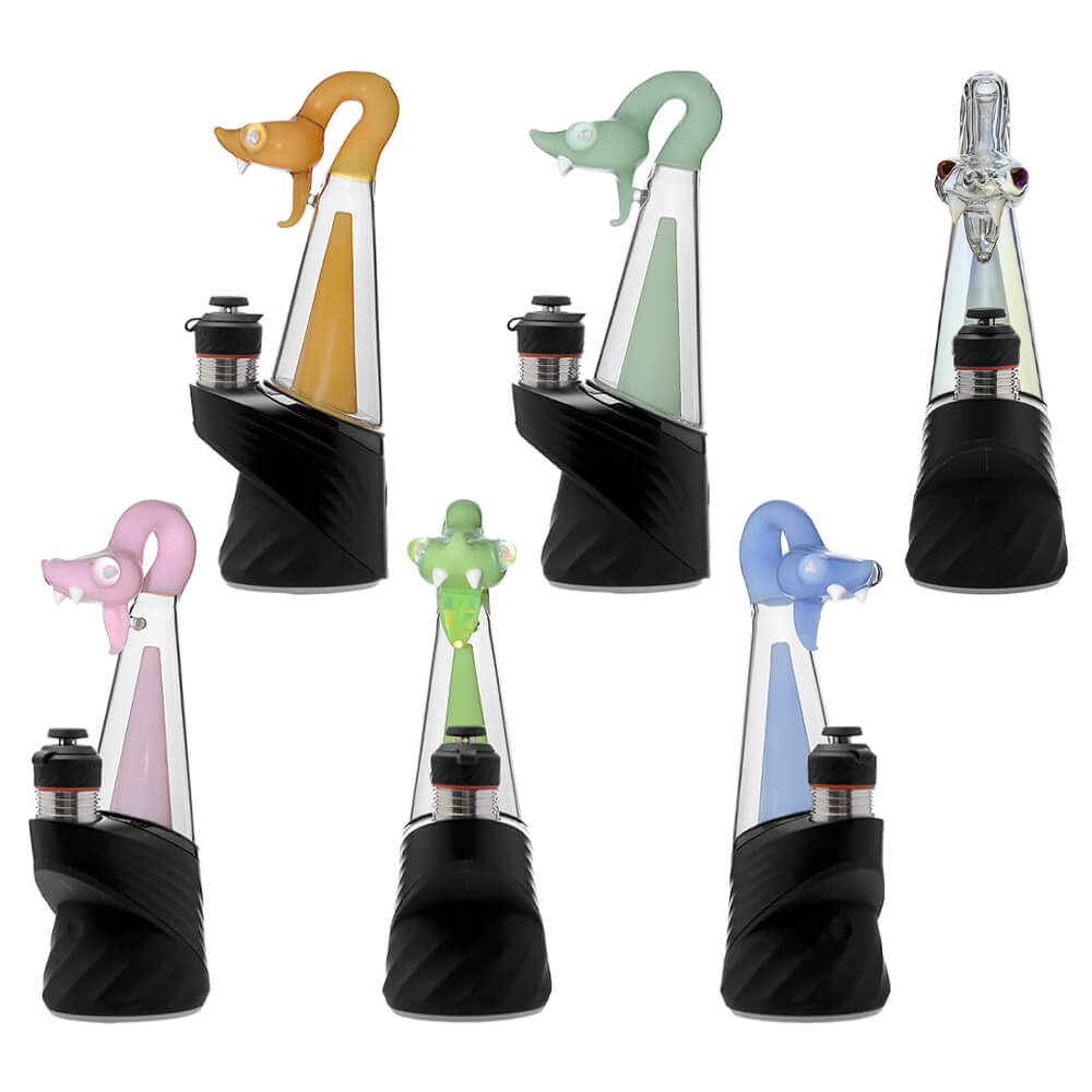 CaliBear Spirit Snake glass attachment for Puffco Peak OG and Pro with opal eyes and recycler water filtration, available in multiple colors.