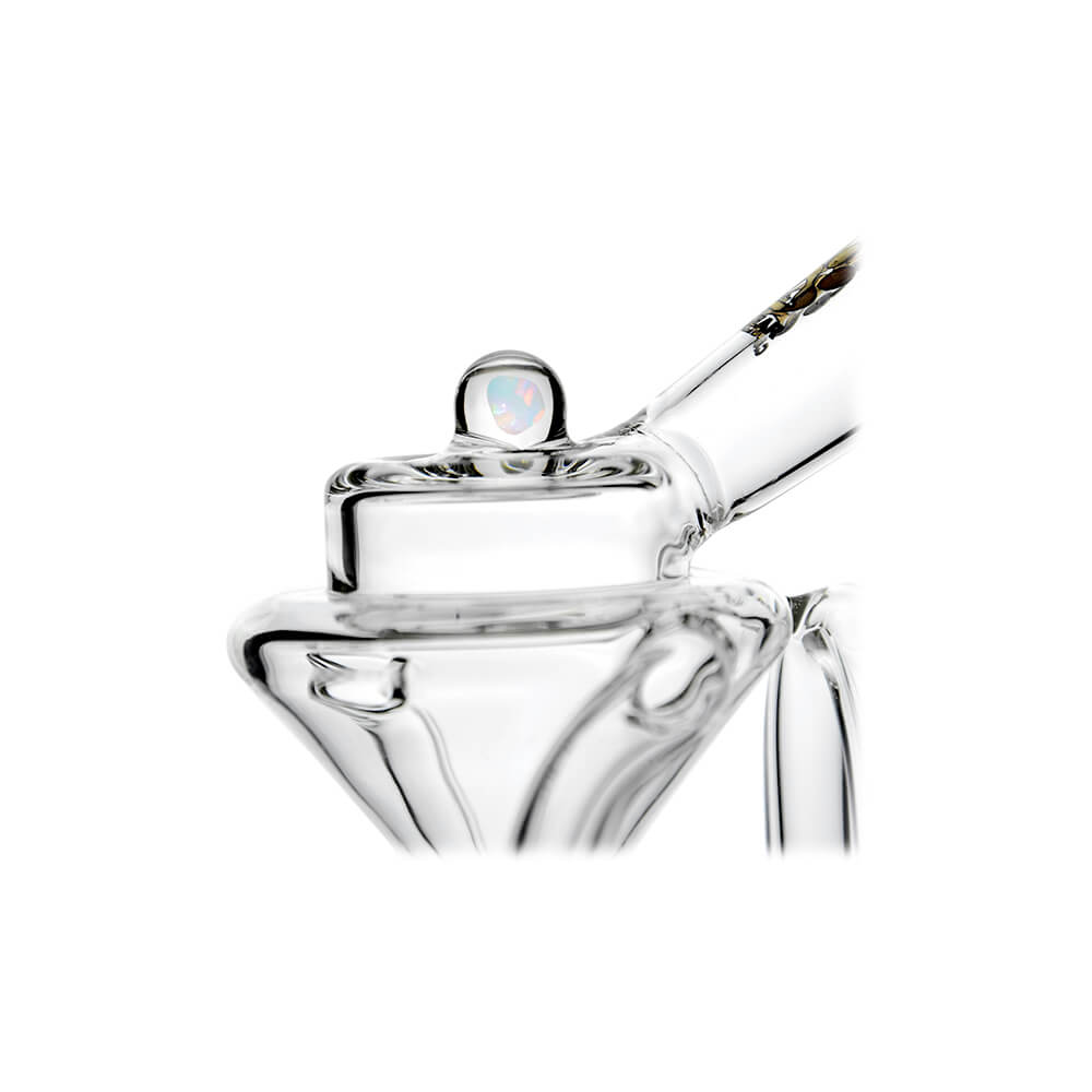 Straight Swiss Recycler Glass Attachment for Dr. Dabber Switch 2 by Calibear Glass, shown attached to a blue Switch 2 device and standalone, featuring clear borosilicate glass and intricate recycler pathways.