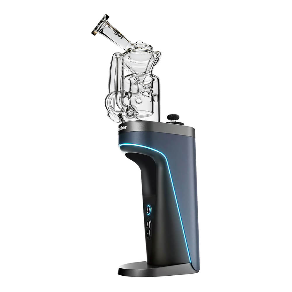 Straight Swiss Recycler Glass Attachment for Dr. Dabber Switch 2 by Calibear Glass, shown attached to a blue Switch 2 device and standalone, featuring clear borosilicate glass and intricate recycler pathways.