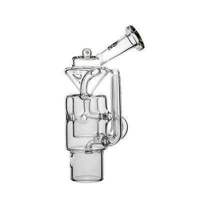 Straight Swiss Recycler Glass Attachment for Dr. Dabber Switch 2 by Calibear Glass, shown attached to a blue Switch 2 device and standalone, featuring clear borosilicate glass and intricate recycler pathways.