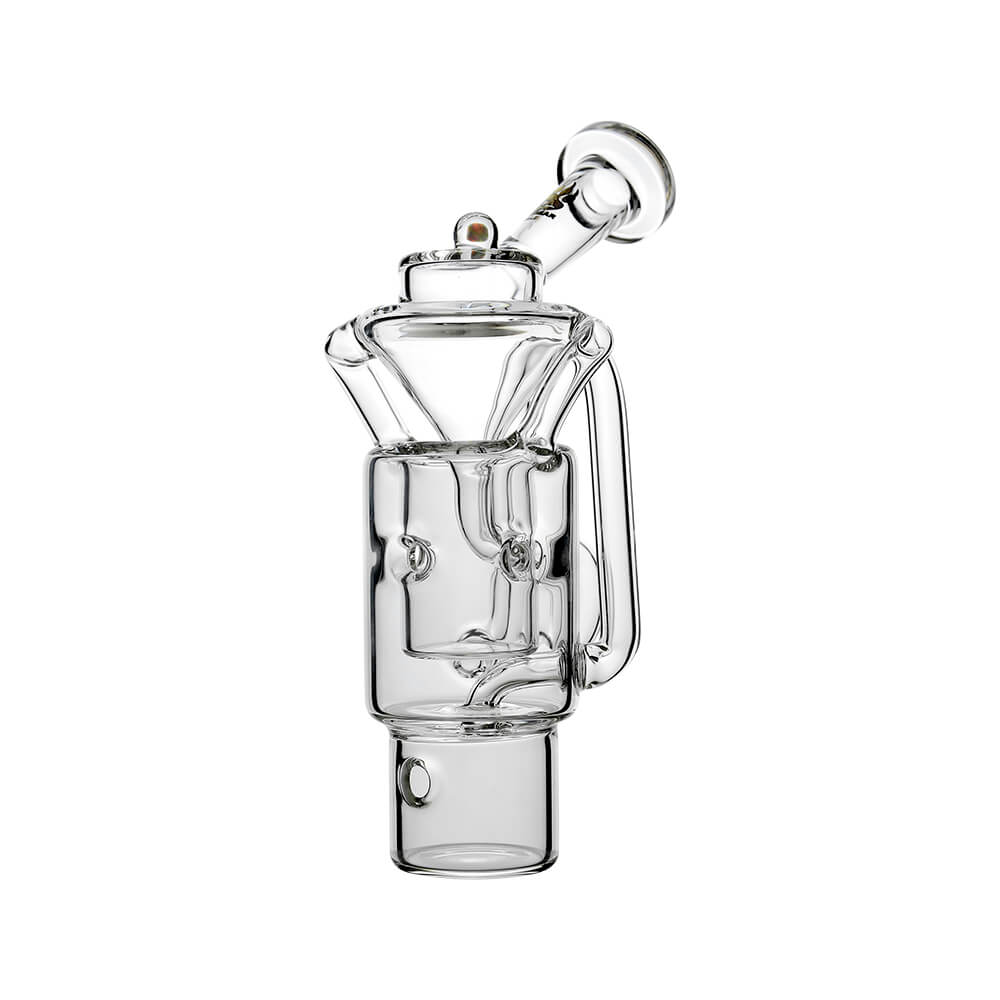 Straight Swiss Recycler Glass Attachment for Dr. Dabber Switch 2 by Calibear Glass, shown attached to a blue Switch 2 device and standalone, featuring clear borosilicate glass and intricate recycler pathways.