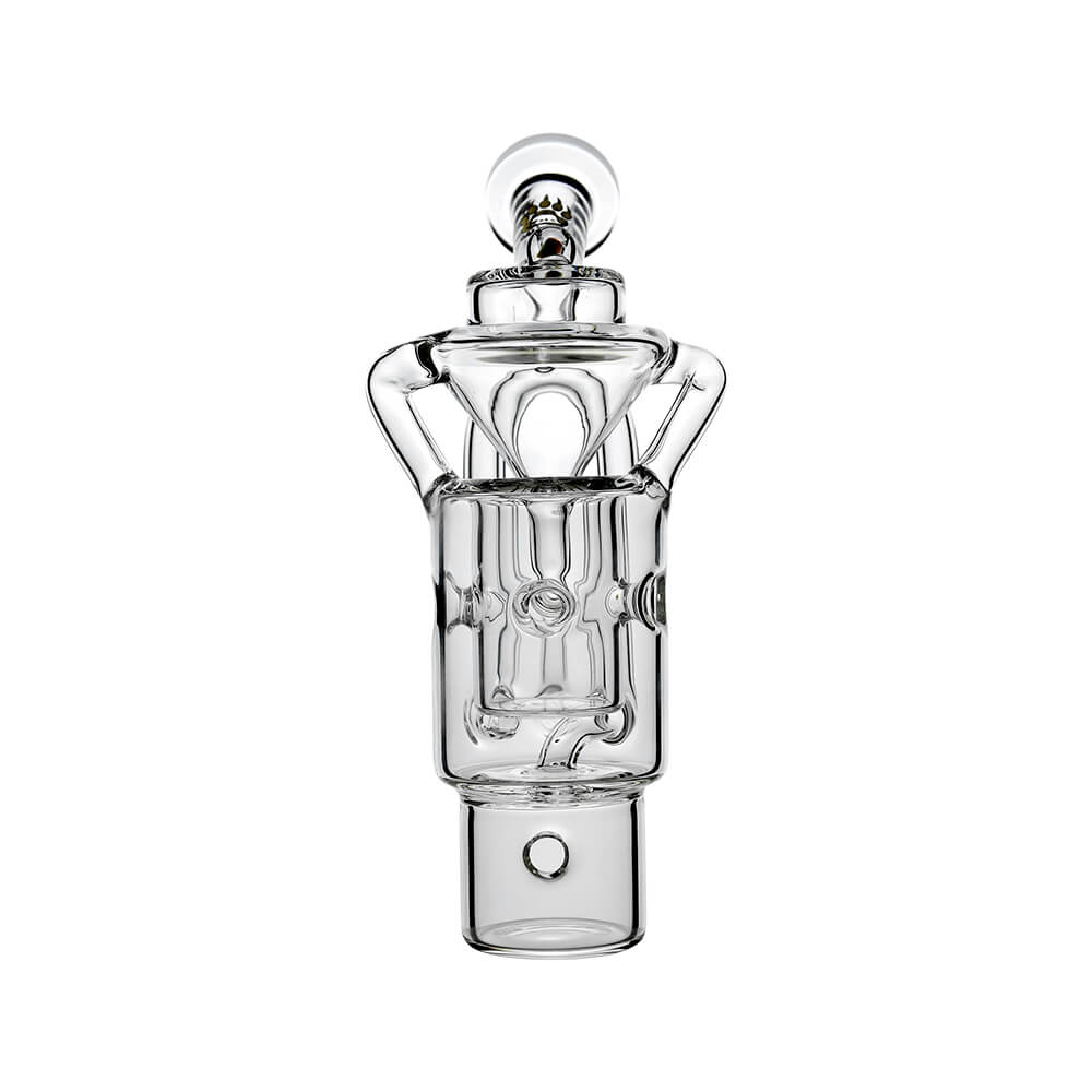 Straight Swiss Recycler Glass Attachment for Dr. Dabber Switch 2 by Calibear Glass, shown attached to a blue Switch 2 device and standalone, featuring clear borosilicate glass and intricate recycler pathways.