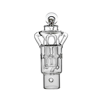 Straight Swiss Recycler Glass Attachment for Dr. Dabber Switch 2 by Calibear Glass, shown attached to a blue Switch 2 device and standalone, featuring clear borosilicate glass and intricate recycler pathways.