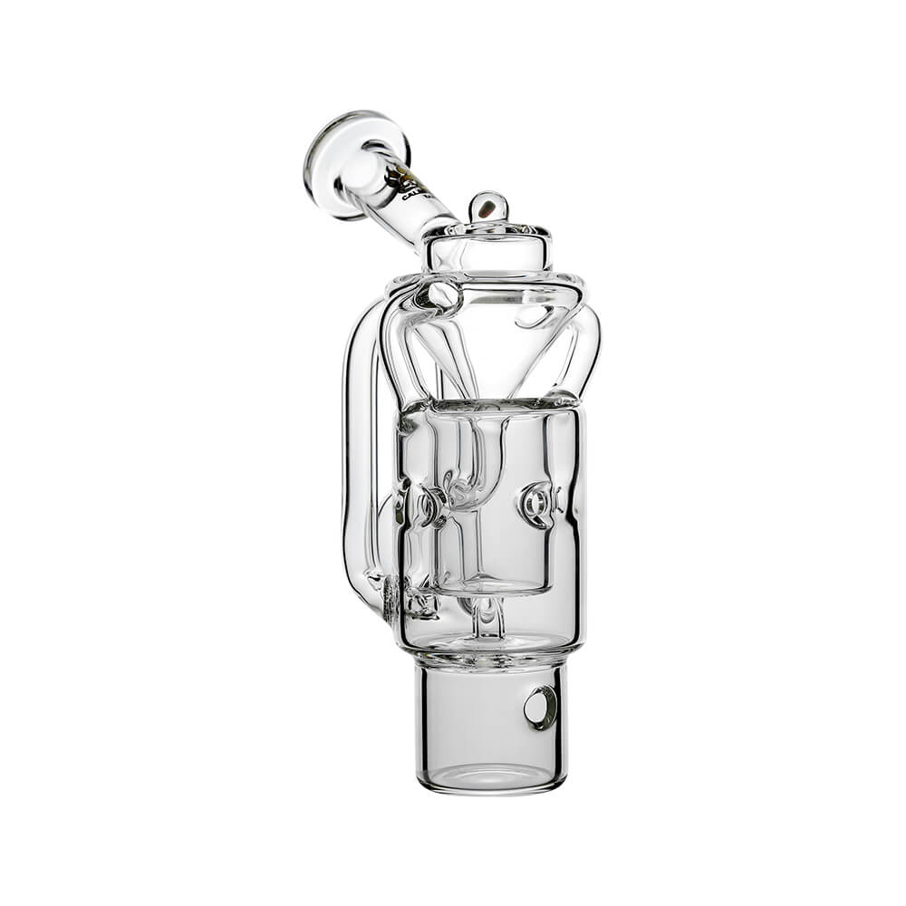 Straight Swiss Recycler Glass Attachment for Dr. Dabber Switch 2 by Calibear Glass, shown attached to a blue Switch 2 device and standalone, featuring clear borosilicate glass and intricate recycler pathways.