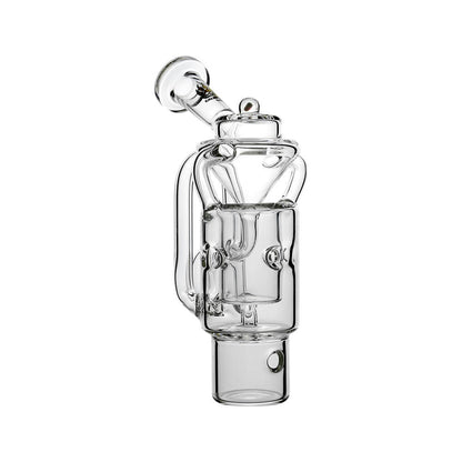 Straight Swiss Recycler Glass Attachment for Dr. Dabber Switch 2 by Calibear Glass, shown attached to a blue Switch 2 device and standalone, featuring clear borosilicate glass and intricate recycler pathways.