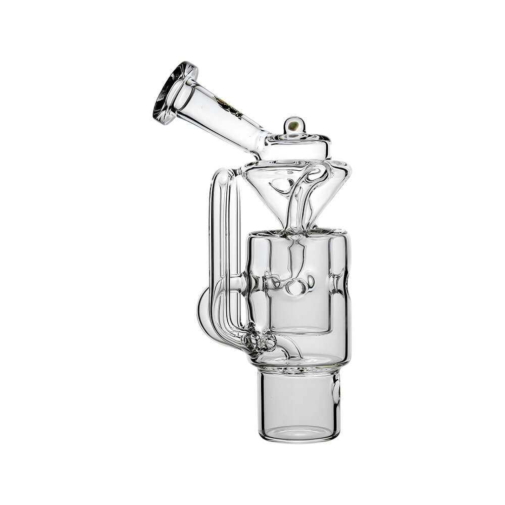 Straight Swiss Recycler Glass Attachment for Dr. Dabber Switch 2 by Calibear Glass, shown attached to a blue Switch 2 device and standalone, featuring clear borosilicate glass and intricate recycler pathways.