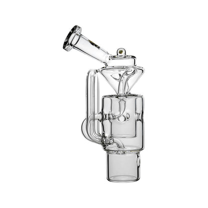 Straight Swiss Recycler Glass Attachment for Dr. Dabber Switch 2 by Calibear Glass, shown attached to a blue Switch 2 device and standalone, featuring clear borosilicate glass and intricate recycler pathways.
