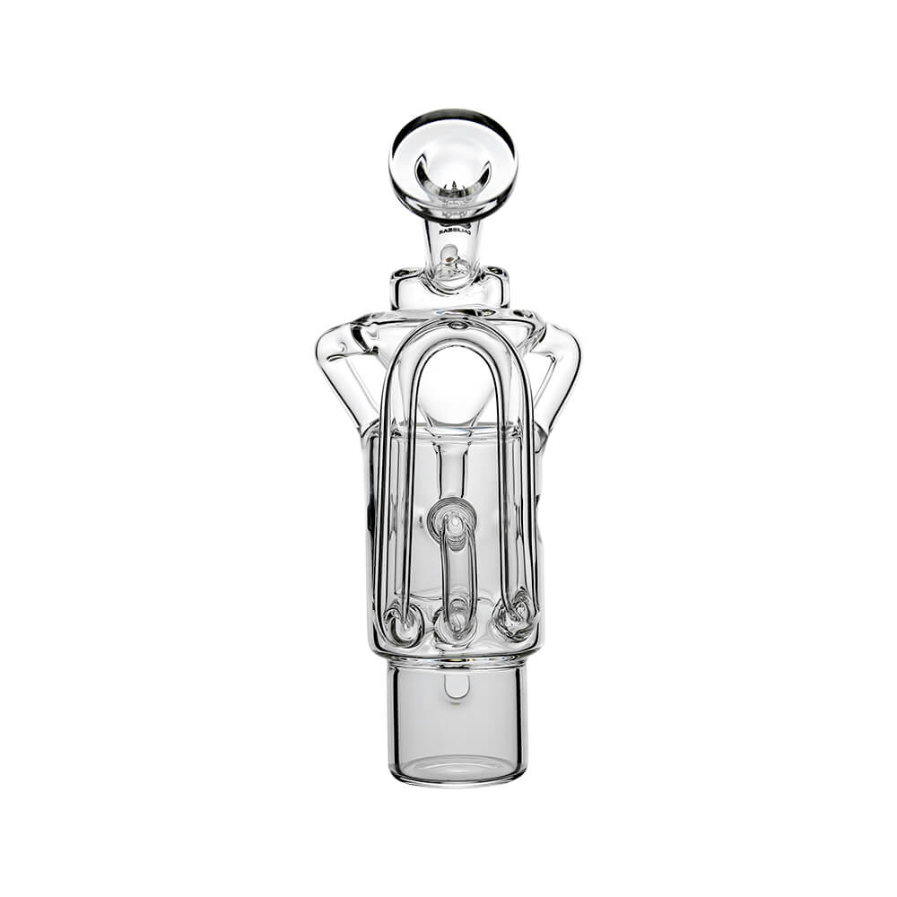 Straight Swiss Recycler Glass Attachment for Dr. Dabber Switch 2 by Calibear Glass, shown attached to a blue Switch 2 device and standalone, featuring clear borosilicate glass and intricate recycler pathways.