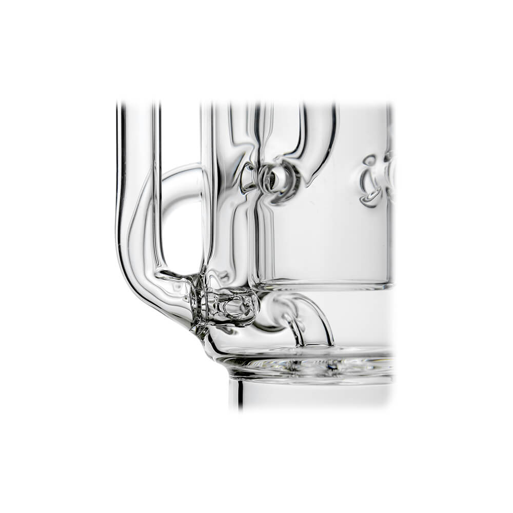 Straight Swiss Recycler Glass Attachment for Dr. Dabber Switch 2 by Calibear Glass, shown attached to a blue Switch 2 device and standalone, featuring clear borosilicate glass and intricate recycler pathways.