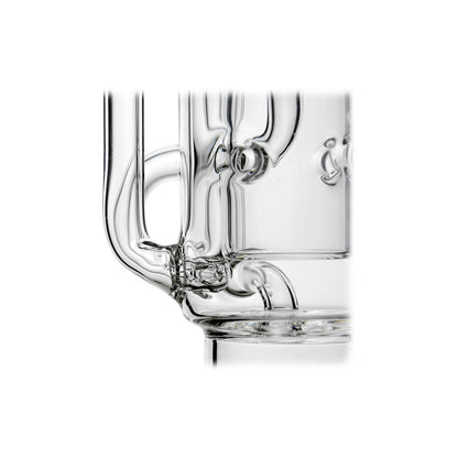 Straight Swiss Recycler Glass Attachment for Dr. Dabber Switch 2 by Calibear Glass, shown attached to a blue Switch 2 device and standalone, featuring clear borosilicate glass and intricate recycler pathways.