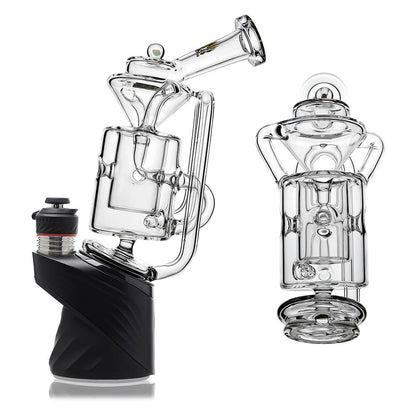 Straight Swiss Recycler Glass Attachment for Puffco Peak OG & Pro by Calibear Glass, shown attached to a black Peak device and standalone, featuring clear borosilicate glass and intricate recycler pathways.