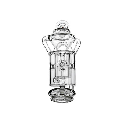 Straight Swiss Recycler Glass Attachment for Puffco Peak OG & Pro by Calibear Glass, shown attached to a black Peak device and standalone, featuring clear borosilicate glass and intricate recycler pathways.