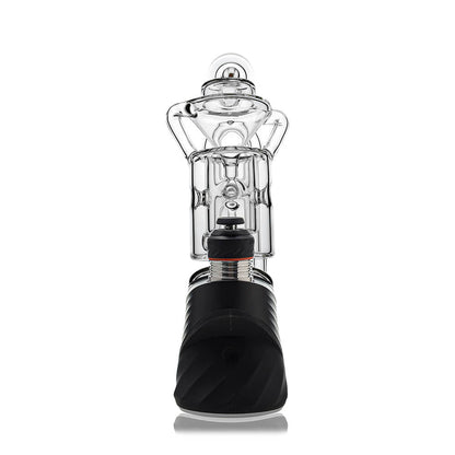 Straight Swiss Recycler Glass Attachment for Puffco Peak OG & Pro by Calibear Glass, shown attached to a black Peak device and standalone, featuring clear borosilicate glass and intricate recycler pathways.