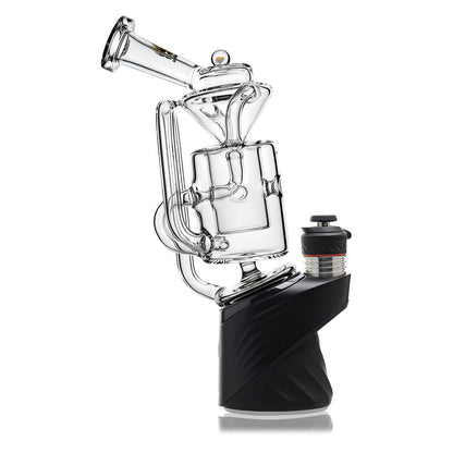 Straight Swiss Recycler Glass Attachment for Puffco Peak OG & Pro by Calibear Glass, shown attached to a black Peak device and standalone, featuring clear borosilicate glass and intricate recycler pathways.