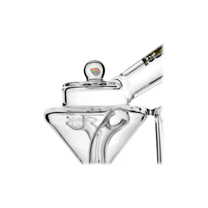 Straight Swiss Recycler Glass Attachment for Puffco Peak OG & Pro by Calibear Glass, shown attached to a black Peak device and standalone, featuring clear borosilicate glass and intricate recycler pathways.