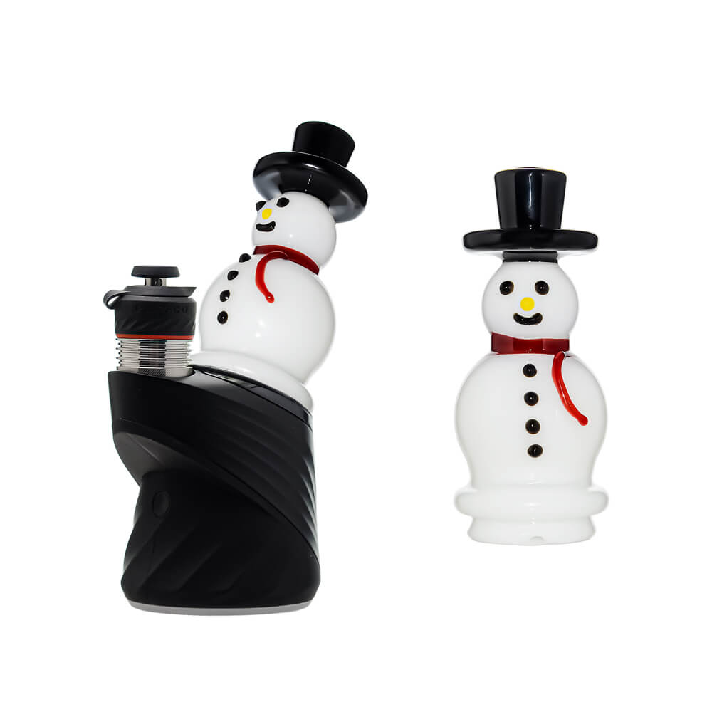 Calibear Snowman glass top attachment with black top hat and red scarf shown on a Puffco Peak device and standalone.