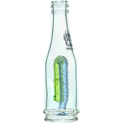 Calibear soda splash Puffco Peak glass attachment function video, featuring a clear borosilicate soda bottle silhouette, textured encased internal recycler loop, pinhole percolator, and Calibear paw logo print, standing 5.9 inches tall.
