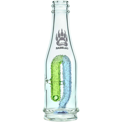 Calibear soda splash Puffco Peak glass attachment function video, featuring a clear borosilicate soda bottle silhouette, textured encased internal recycler loop, pinhole percolator, and Calibear paw logo print, standing 5.9 inches tall.