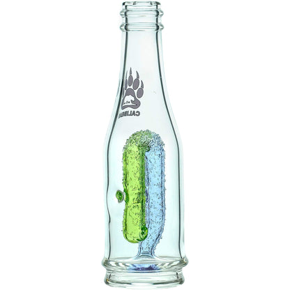 Calibear soda splash Puffco Peak glass attachment function video, featuring a clear borosilicate soda bottle silhouette, textured encased internal recycler loop, pinhole percolator, and Calibear paw logo print, standing 5.9 inches tall.