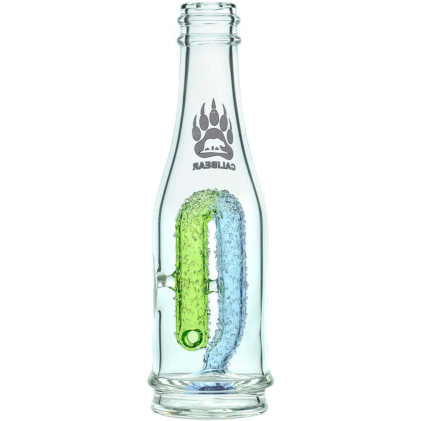 Calibear soda splash Puffco Peak glass attachment function video, featuring a clear borosilicate soda bottle silhouette, textured encased internal recycler loop, pinhole percolator, and Calibear paw logo print, standing 5.9 inches tall.