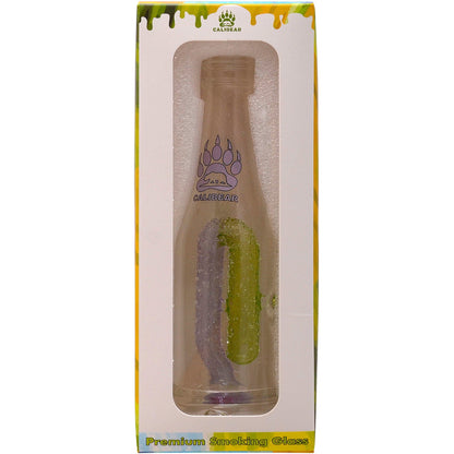 Calibear soda splash Puffco Peak glass attachment function video, featuring a clear borosilicate soda bottle silhouette, textured encased internal recycler loop, pinhole percolator, and Calibear paw logo print, standing 5.9 inches tall.