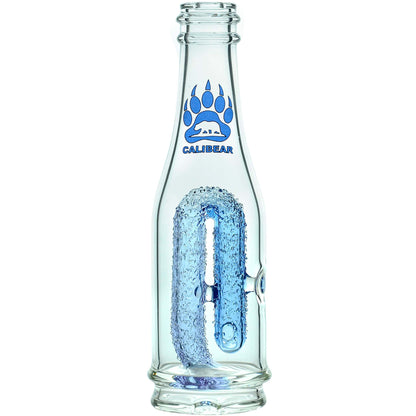 Calibear soda splash Puffco Peak glass attachment function video, featuring a clear borosilicate soda bottle silhouette, textured encased internal recycler loop, pinhole percolator, and Calibear paw logo print, standing 5.9 inches tall.