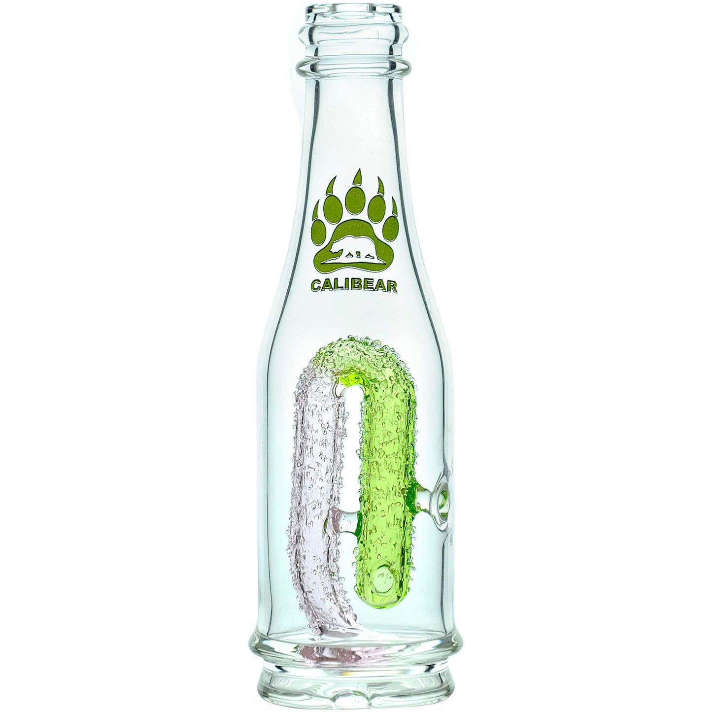 Calibear soda splash Puffco Peak glass attachment function video, featuring a clear borosilicate soda bottle silhouette, textured encased internal recycler loop, pinhole percolator, and Calibear paw logo print, standing 5.9 inches tall.