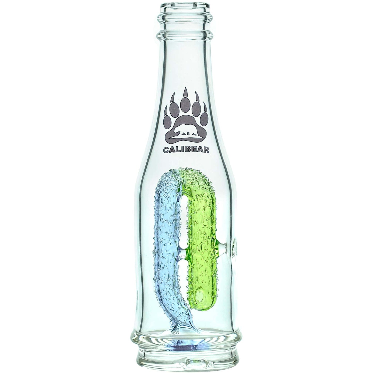 Calibear soda splash Puffco Peak glass attachment function video, featuring a clear borosilicate soda bottle silhouette, textured encased internal recycler loop, pinhole percolator, and Calibear paw logo print, standing 5.9 inches tall.