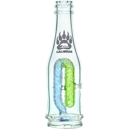 Calibear soda splash Puffco Peak glass attachment function video, featuring a clear borosilicate soda bottle silhouette, textured encased internal recycler loop, pinhole percolator, and Calibear paw logo print, standing 5.9 inches tall.