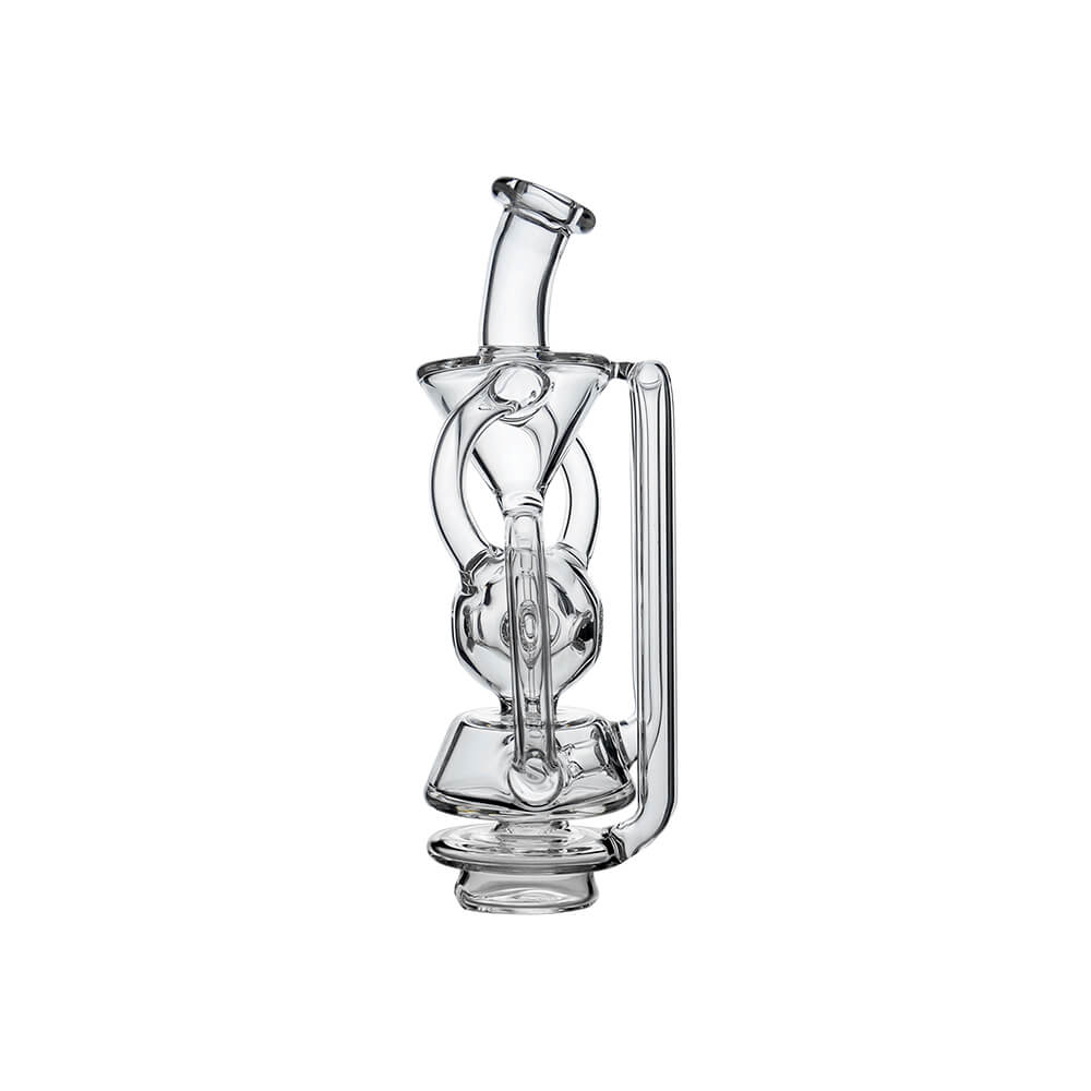 CaliBear Swiss Fab Recycler glass attachment for Focus V Carta e-rig featuring clear borosilicate glass and intricate percolation holes.