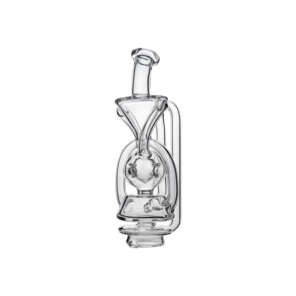 CaliBear Swiss Fab Recycler glass attachment for Focus V Carta e-rig featuring clear borosilicate glass and intricate percolation holes.