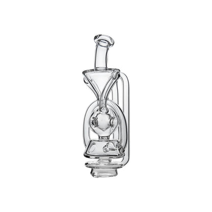 CaliBear Swiss Fab Recycler glass attachment for Focus V Carta e-rig featuring clear borosilicate glass and intricate percolation holes.