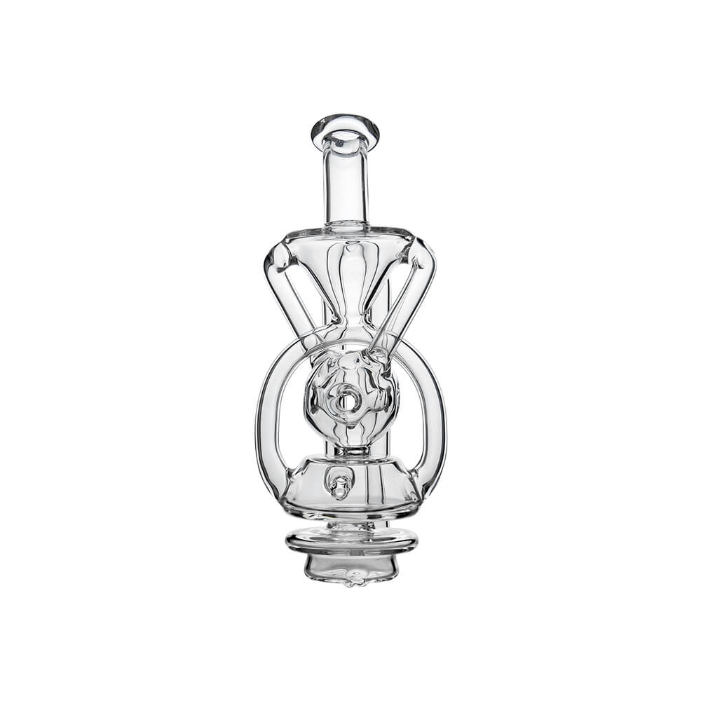 CaliBear Swiss Fab Recycler glass attachment for Focus V Carta e-rig featuring clear borosilicate glass and intricate percolation holes.