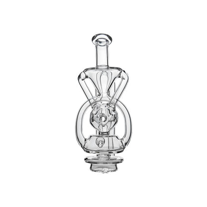 CaliBear Swiss Fab Recycler glass attachment for Focus V Carta e-rig featuring clear borosilicate glass and intricate percolation holes.