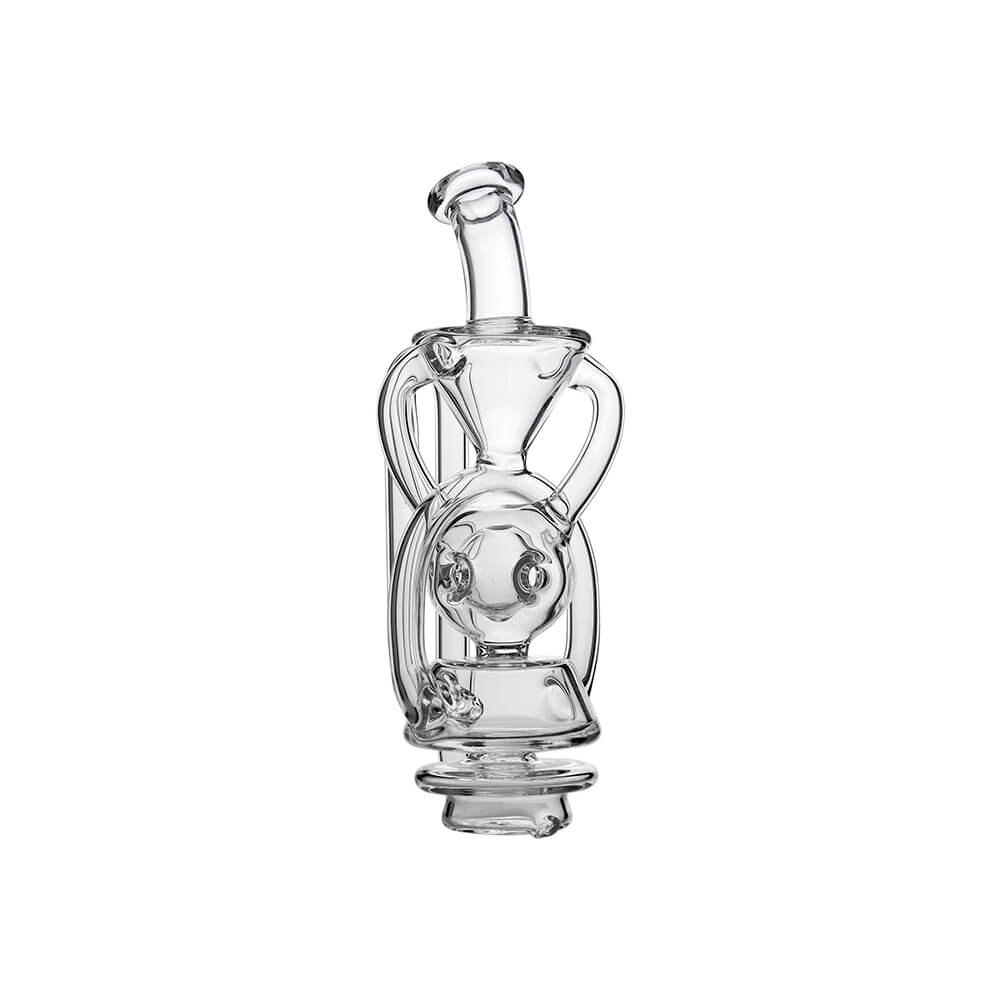CaliBear Swiss Fab Recycler glass attachment for Focus V Carta e-rig featuring clear borosilicate glass and intricate percolation holes.