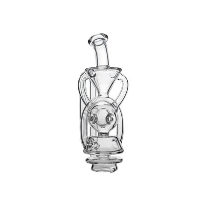 CaliBear Swiss Fab Recycler glass attachment for Focus V Carta e-rig featuring clear borosilicate glass and intricate percolation holes.