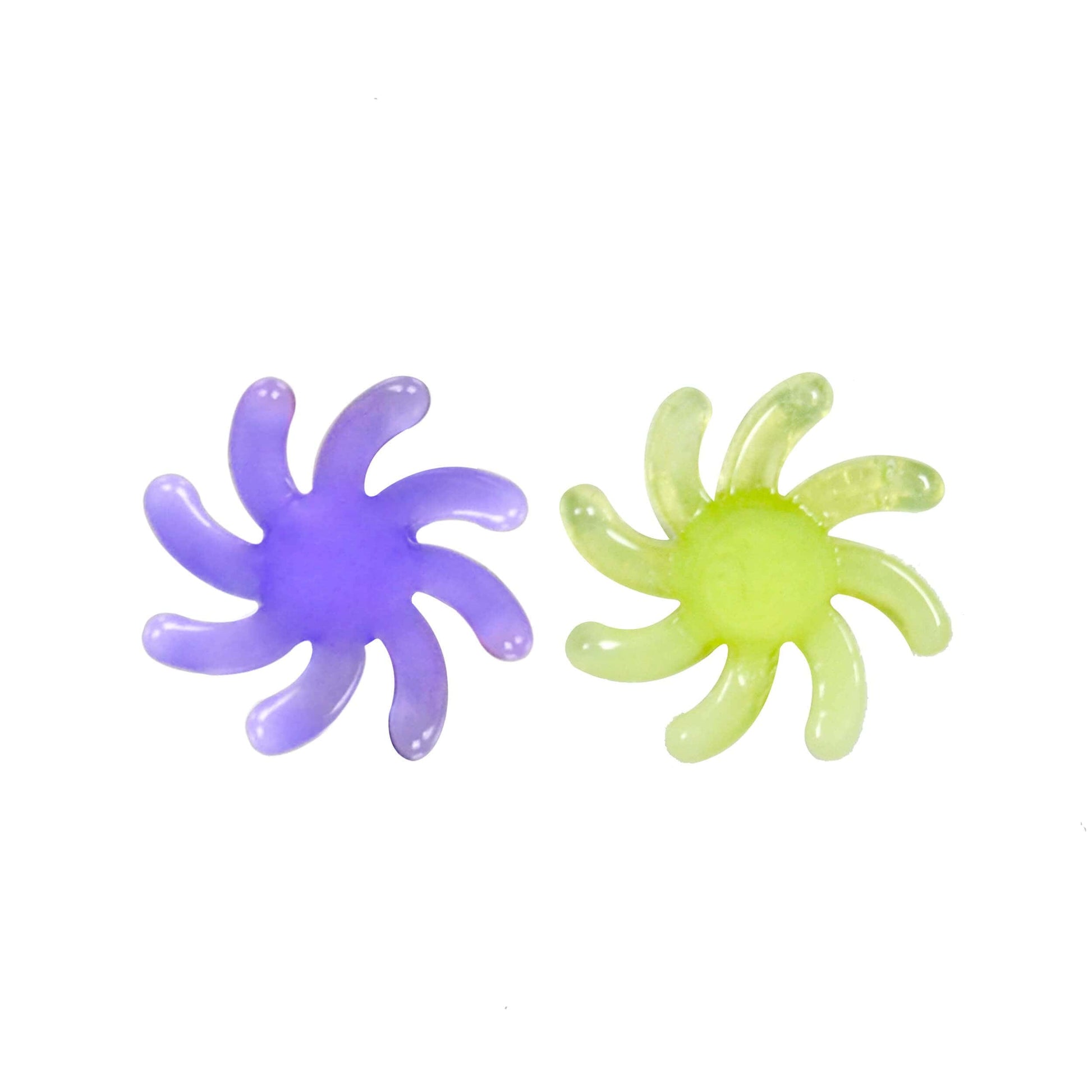 Calibear 15mm terp spinners in purple and green glass, featuring an 8-arm pinwheel design for Dr. Dabber Switch 2 and 25mm quartz bangers.