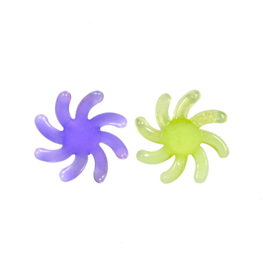 Calibear 15mm terp spinners in purple and green glass, featuring an 8-arm pinwheel design for Dr. Dabber Switch 2 and 25mm quartz bangers.