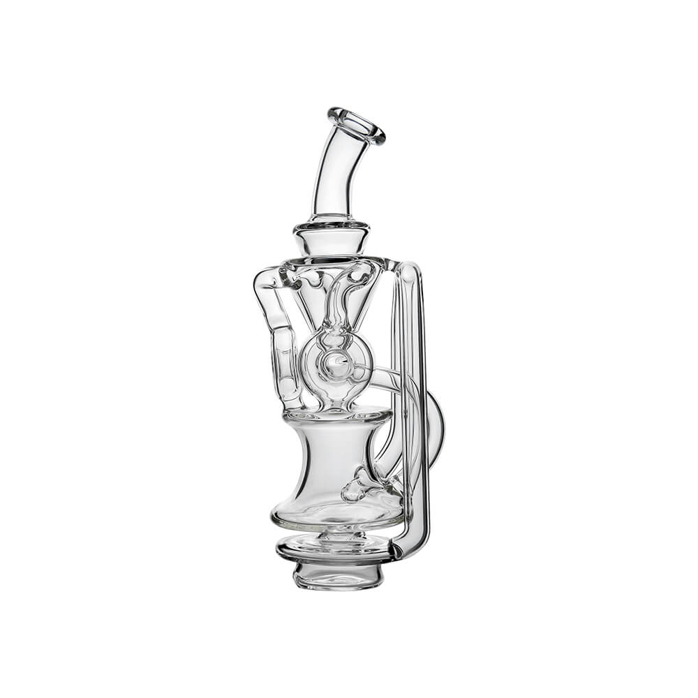 CaliBear Triple Donut Recycler glass attachment for Focus V Carta e-rig with clear glass and three-donut recycling chambers.