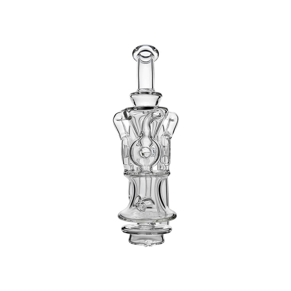 CaliBear Triple Donut Recycler glass attachment for Focus V Carta e-rig with clear glass and three-donut recycling chambers.