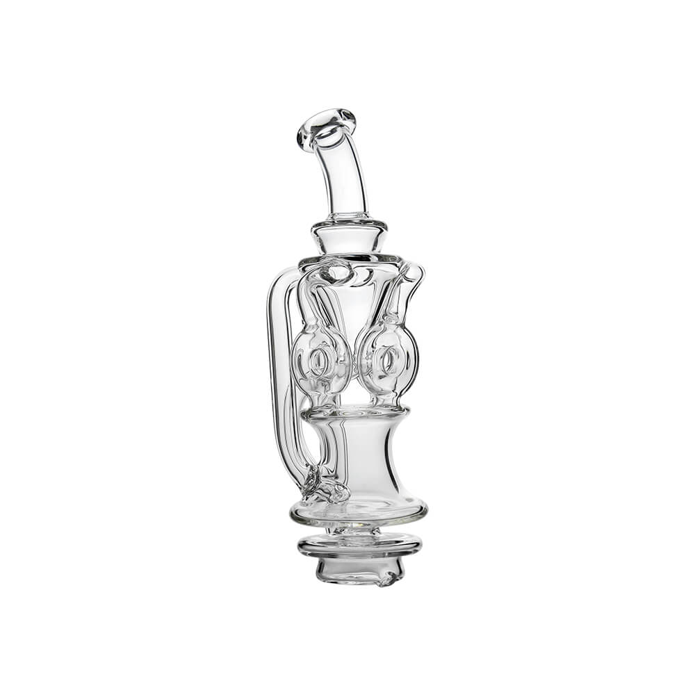 CaliBear Triple Donut Recycler glass attachment for Focus V Carta e-rig with clear glass and three-donut recycling chambers.