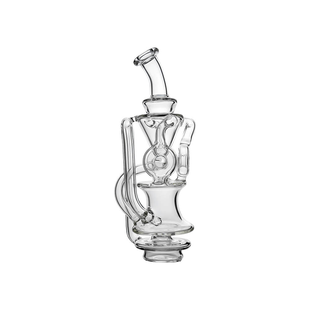 CaliBear Triple Donut Recycler glass attachment for Focus V Carta e-rig with clear glass and three-donut recycling chambers.