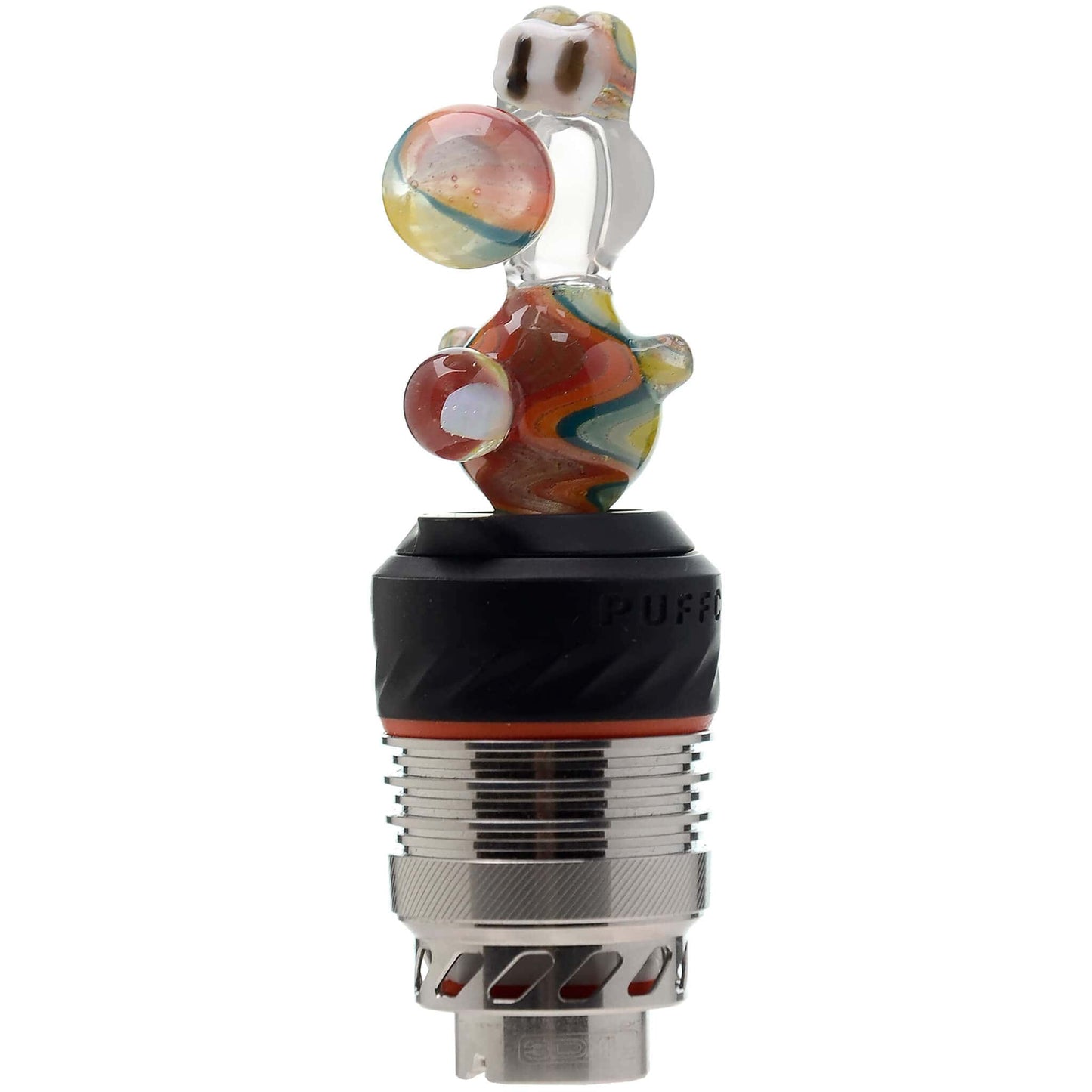 Five different color options of the Calibear Wigwag Yoshi 3DXL Joystick Carb Cap with encased opals, mounted on Puffco Peak Pro 3DXL metal chambers, showcasing hand-blown character glass bodies with vibrant rainbow, blue, teal, and orange wigwag linework patterns.