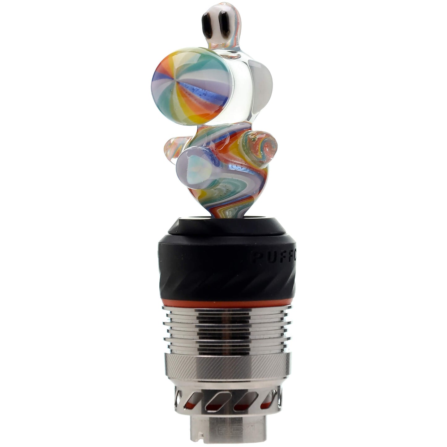 Five different color options of the Calibear Wigwag Yoshi 3DXL Joystick Carb Cap with encased opals, mounted on Puffco Peak Pro 3DXL metal chambers, showcasing hand-blown character glass bodies with vibrant rainbow, blue, teal, and orange wigwag linework patterns.