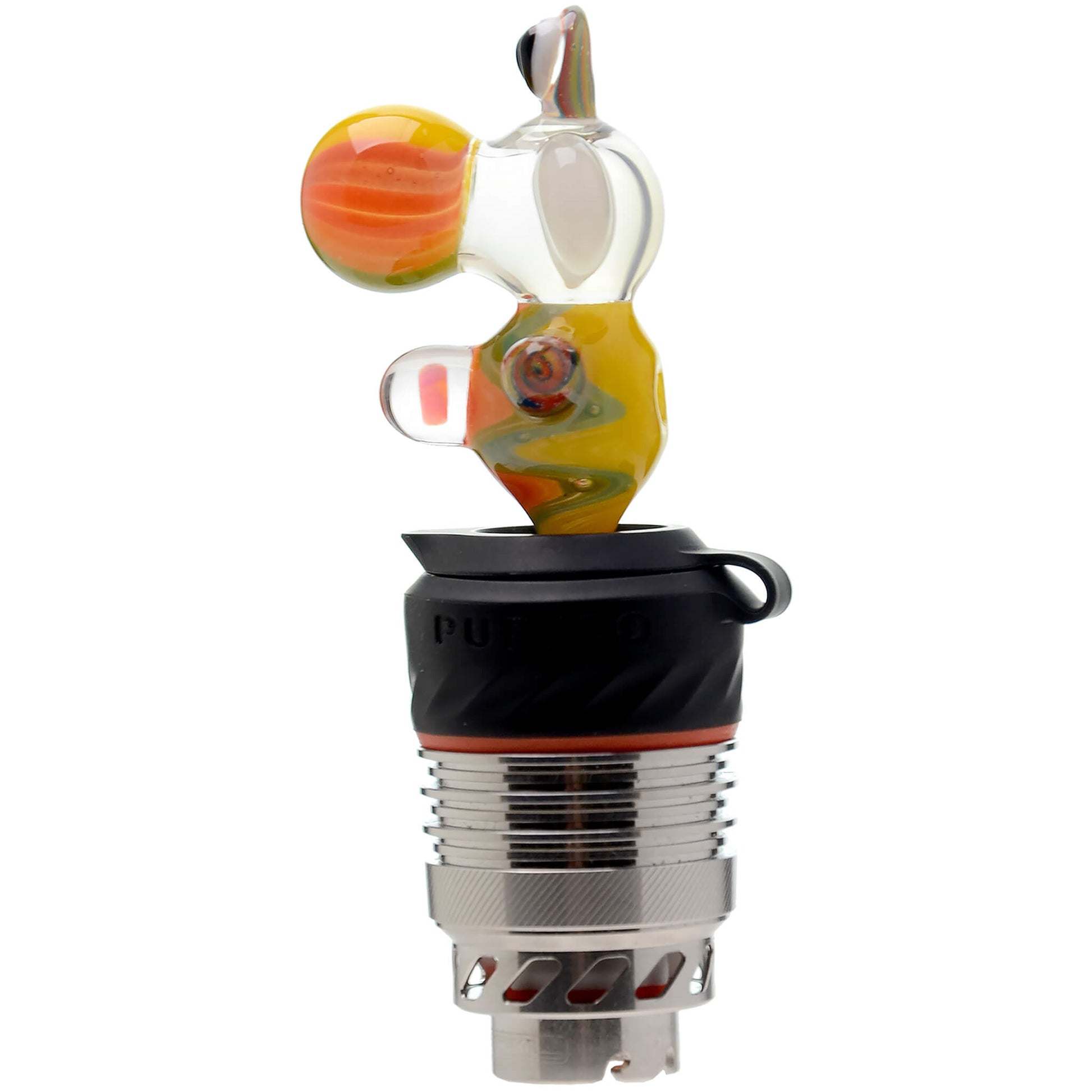 Five different color options of the Calibear Wigwag Yoshi 3DXL Joystick Carb Cap with encased opals, mounted on Puffco Peak Pro 3DXL metal chambers, showcasing hand-blown character glass bodies with vibrant rainbow, blue, teal, and orange wigwag linework patterns.