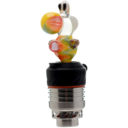 Five different color options of the Calibear Wigwag Yoshi 3DXL Joystick Carb Cap with encased opals, mounted on Puffco Peak Pro 3DXL metal chambers, showcasing hand-blown character glass bodies with vibrant rainbow, blue, teal, and orange wigwag linework patterns.