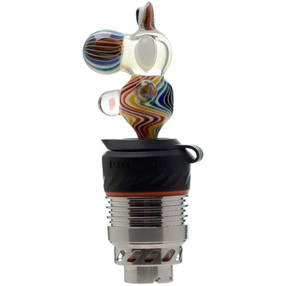 Five different color options of the Calibear Wigwag Yoshi 3DXL Joystick Carb Cap with encased opals, mounted on Puffco Peak Pro 3DXL metal chambers, showcasing hand-blown character glass bodies with vibrant rainbow, blue, teal, and orange wigwag linework patterns.