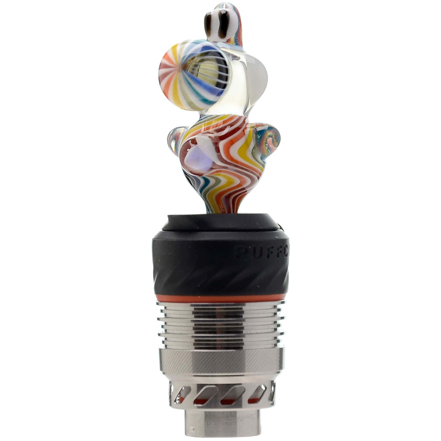 Five different color options of the Calibear Wigwag Yoshi 3DXL Joystick Carb Cap with encased opals, mounted on Puffco Peak Pro 3DXL metal chambers, showcasing hand-blown character glass bodies with vibrant rainbow, blue, teal, and orange wigwag linework patterns.
