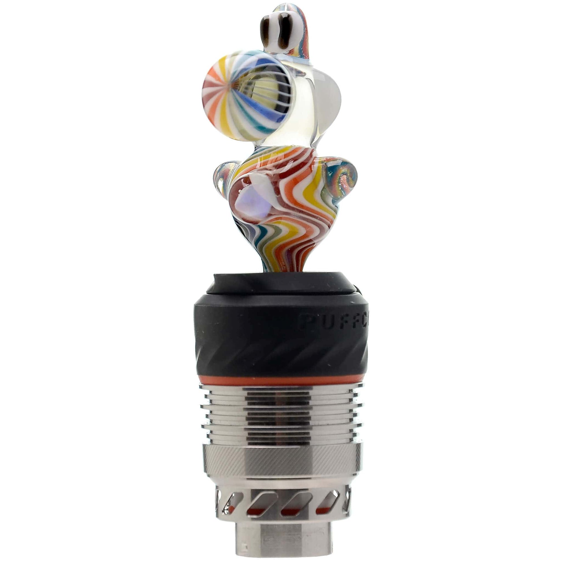 Five different color options of the Calibear Wigwag Yoshi 3DXL Joystick Carb Cap with encased opals, mounted on Puffco Peak Pro 3DXL metal chambers, showcasing hand-blown character glass bodies with vibrant rainbow, blue, teal, and orange wigwag linework patterns.