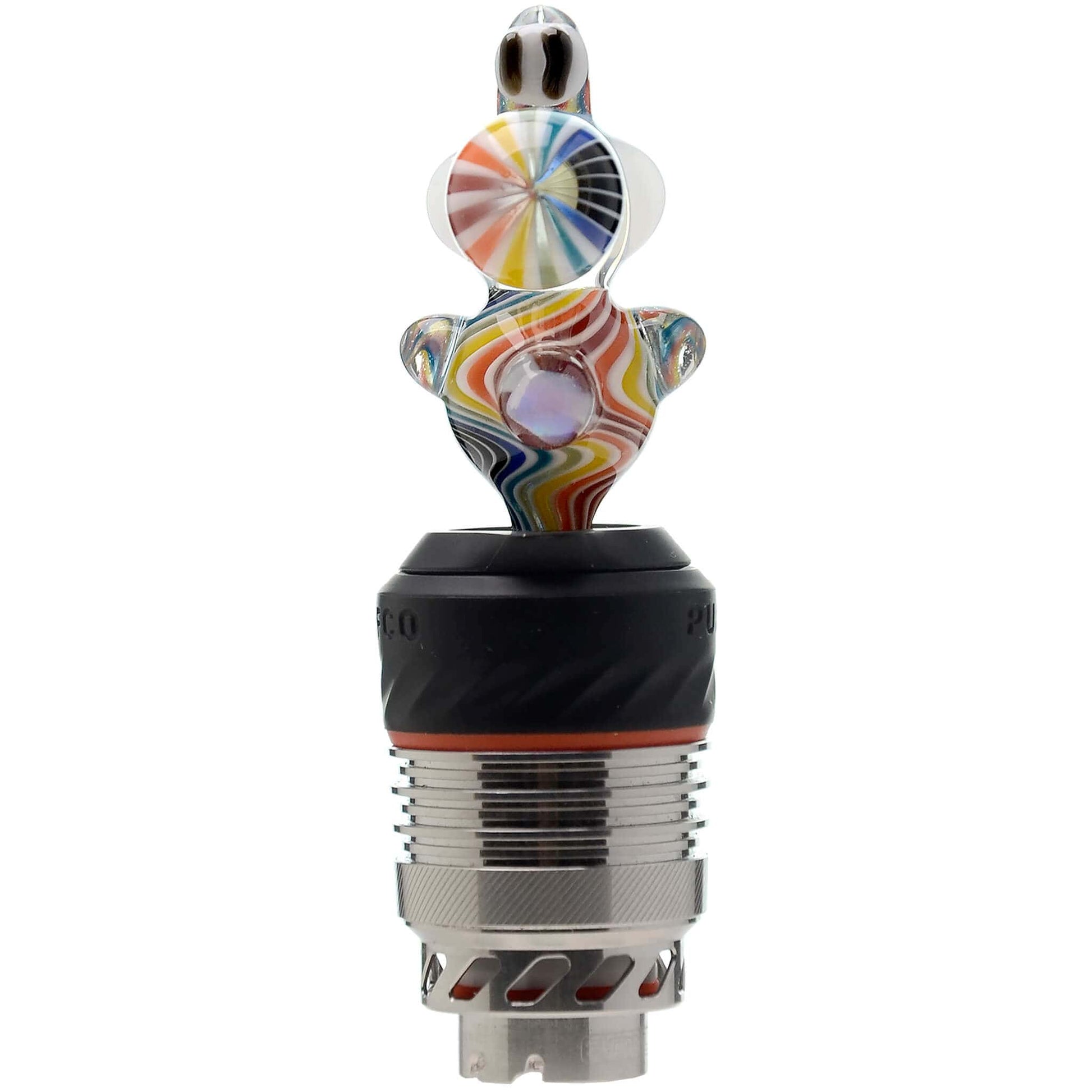 Five different color options of the Calibear Wigwag Yoshi 3DXL Joystick Carb Cap with encased opals, mounted on Puffco Peak Pro 3DXL metal chambers, showcasing hand-blown character glass bodies with vibrant rainbow, blue, teal, and orange wigwag linework patterns.